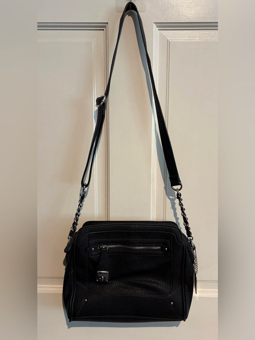 Nicole Miller New York Black Faux Leather Crossbody Bag Leopard Print Lining